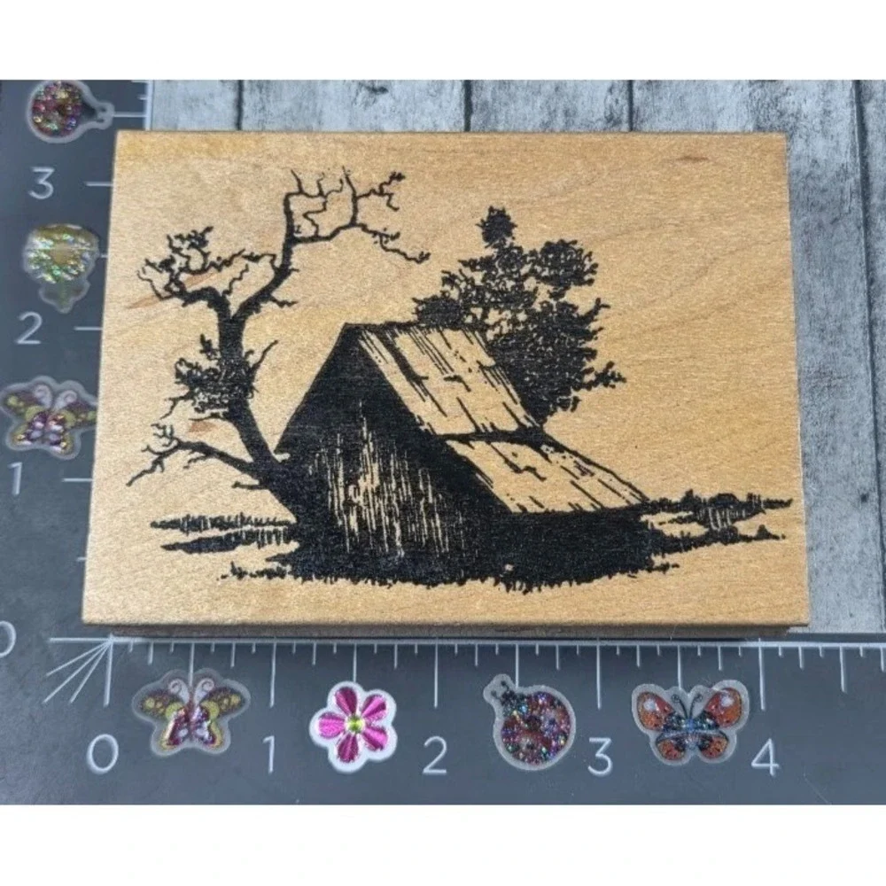 AnnTicipations Gnarled Tree Wood House Barn Cabin Scene Rubber Stamp Wood #F59